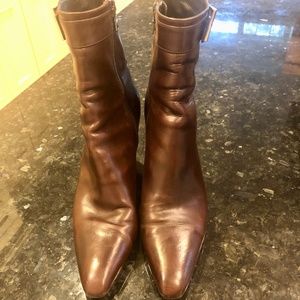 Prada brown leather ankle booties with silver buckle detail